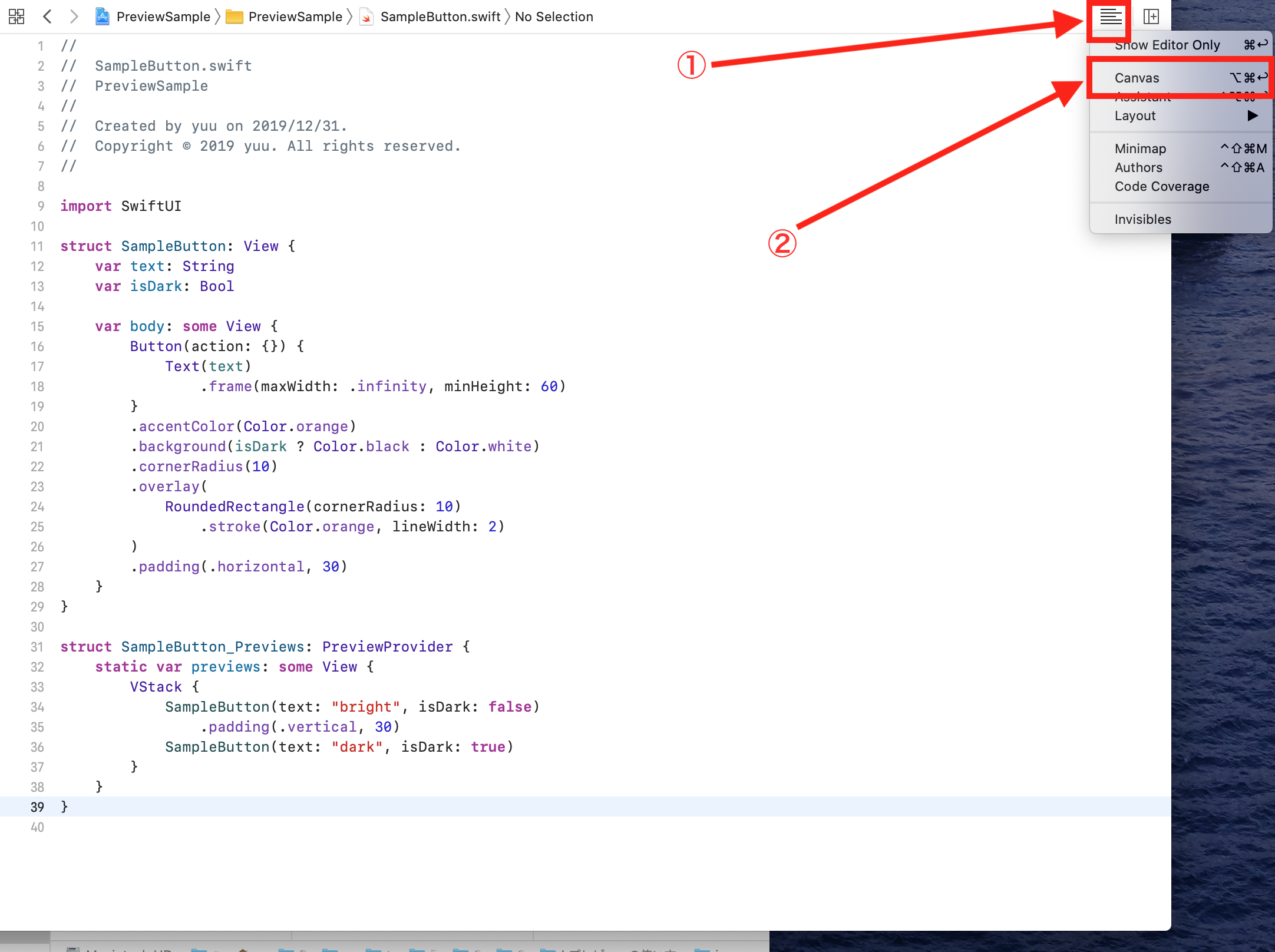 Xcodeのコードエディタ画面右上のメニューからCanvasを選択する